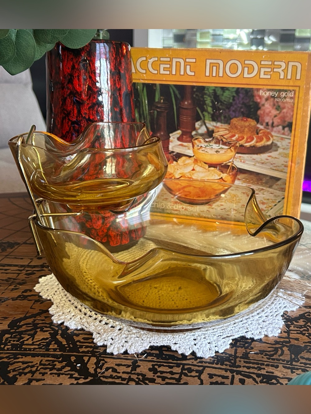 Vintage Anchor Hocking Chip Dip Set | Honey Gold Amber Glass MCM Serveware